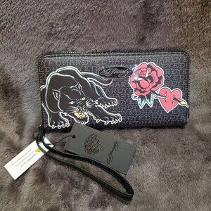 Ed Hardy Zip Around Wristlet Black & White Logo Measures 7.5"x4"x1" (approx.)